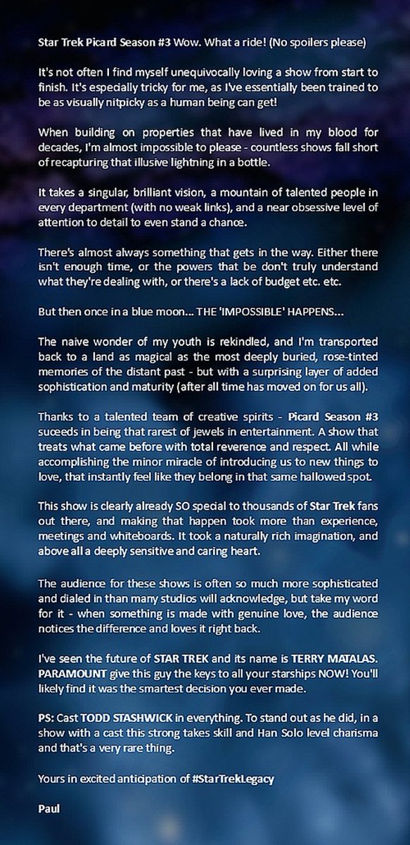 PaulRMQ's tweet photo. A little open note to the powers that be over at @StarTrekOnPPlus @paramountplus, please take a moment to read this #StartrekPicardSeason3 #startrek @TerryMatalas @ToddStashwick https://t.co/JfWKnHiLQX