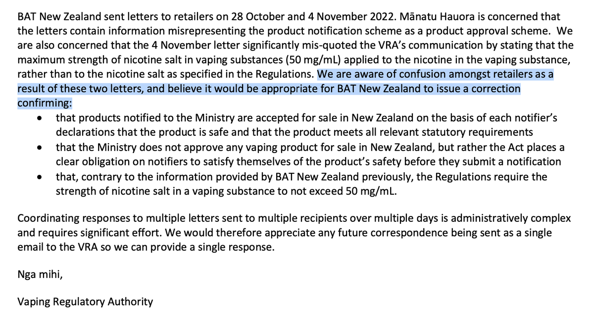 VapingAlliance's tweet photo. Grab the popcorn. @minhealthnz incompetent Vaping Regulatory Authority tells @BATplc to "issue correction". Ohh that got to sting. Better wheel out the KCs  - https://t.co/CiIayZ4WsI https://t.co/6u9HfwwLZs