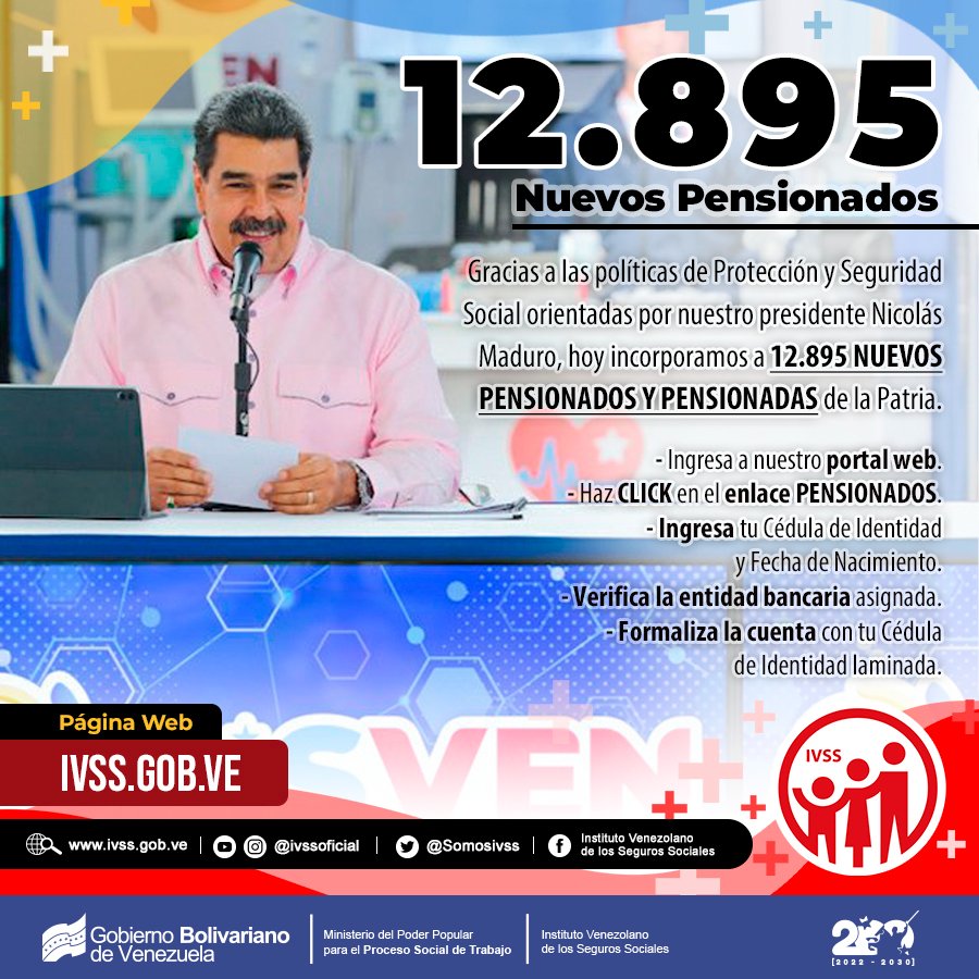 📢 Gracias a las políticas de Protección y Seguridad Social orientadas por nuestro presidente <a href="/NicolasMaduro/">Nicolás Maduro</a>, hoy  incorporamos a 12.895 NUEVOS PENDIONADOS Y PENSIONADAS de la Patria.

<a href="/BonosSocial/">Bonos Protectores Social Al Pueblo</a> 
#ManoDeHierro