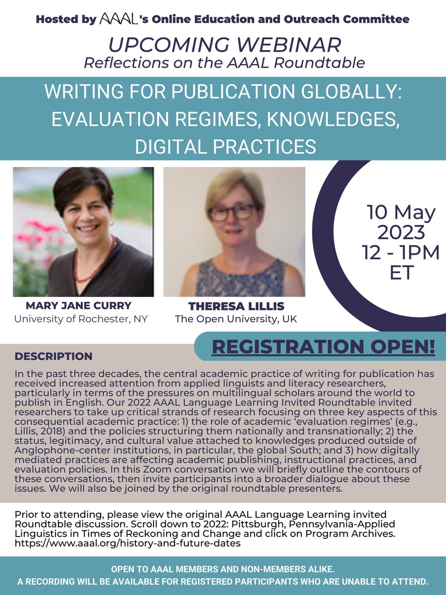 AAALinks's tweet photo. AAAL members! Don't miss our webinar "Writing for Publication Globally: Evaluation Regimes, Knowledges, Digital Practices" on May 10, 12-1 PM ET.  Register now for this Zoom conversation and gain valuable insights into the global academic publishing landscape. https://t.co/FUqW6jTXKd