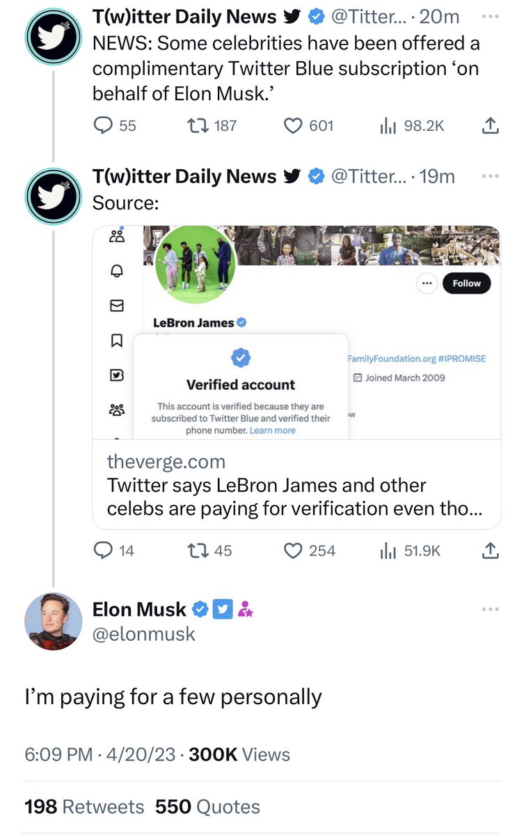 TheDunkCentral's tweet photo. Elon Musk confirms he’s paying for LeBron James’ verification check mark https://t.co/nZMK3NO22u