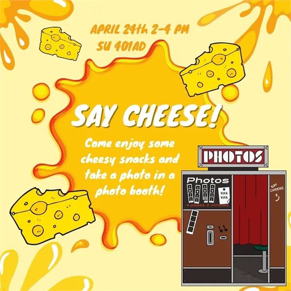 Join UPB for a fun photo booth experience while you get to enjoy some cheesy snacks! We are hosting this fun event on April 24th from 2-4 PM in SU 401AD. Be sure to come out!