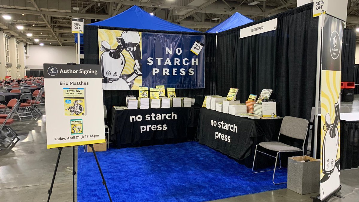 nostarch's tweet image. Greetings from #PyCon2023! If you're here too, come visit our booth and say hello to @billpollock. Plus, we have some of our favorite Python books waiting for you, author signings, special discounts & other good stuff.