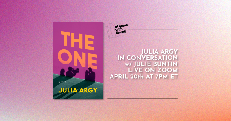 Starting soon! Julia Argy discusses her debut novel THE ONE ("entertaining in its examination of behind-the-scenes, and searing and true in its send-up of love," writes <a href="/Salon/">Salon</a>) with <a href="/juliebuntin/">julie buntin</a>. Free. 7pm ET. To tune in and purchase your copy: literatibookstore.com/event/home-lit…
