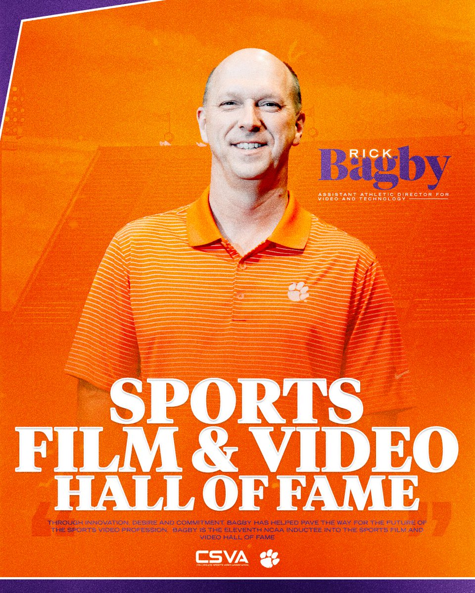 ClemsonTigers's tweet photo. Congratulations to Rick Bagby, our Assistant AD for Video &amp; Technology, for being named the 11th NCAA inductee into the CSVA Sports Film and Video Hall of Fame! https://t.co/v4hbxtCBhc