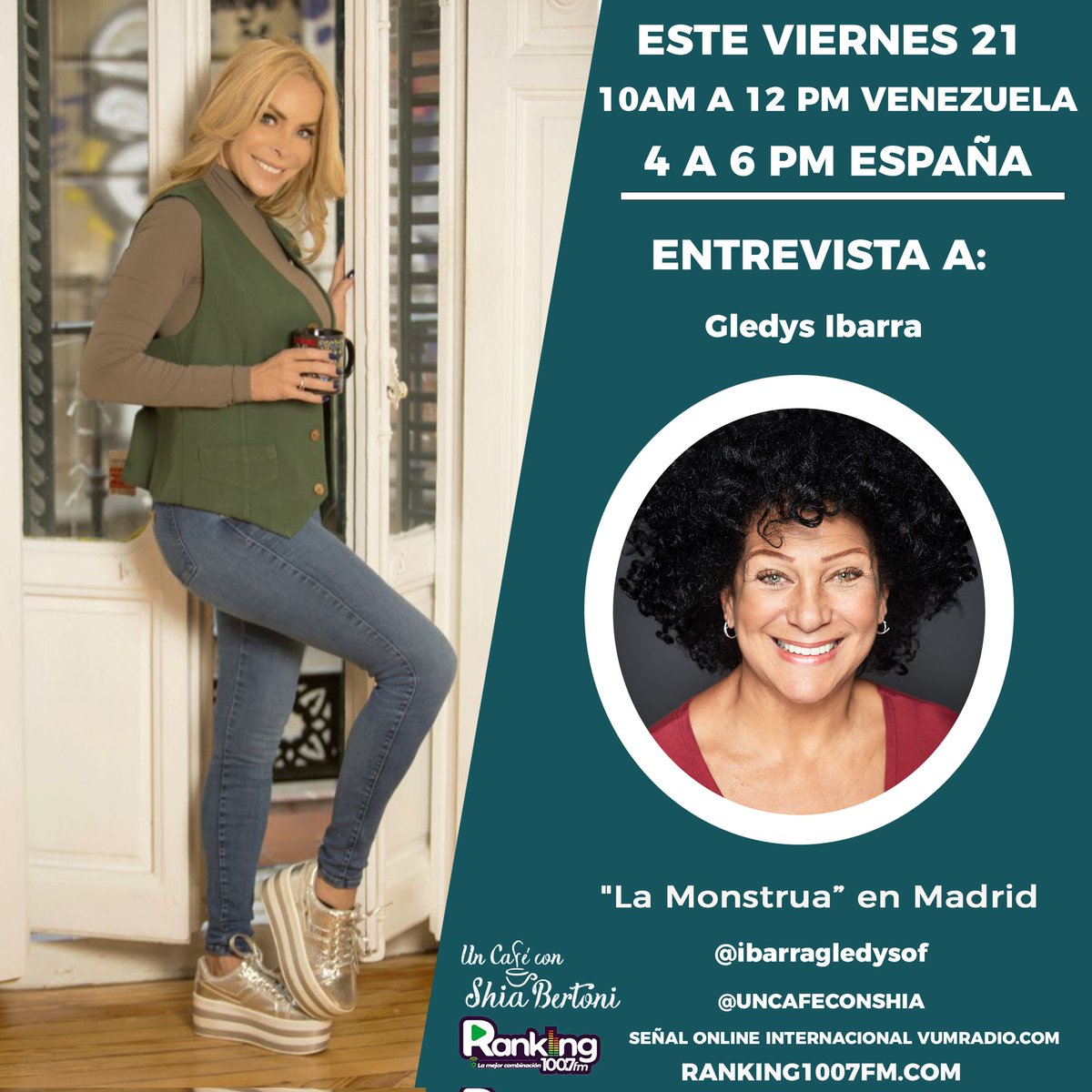 #ViernesConLosArtistas especial con <a href="/IbarraGledysOf/">Gledys Ibarra </a> en #UnCafeConShiaBertoni por <a href="/Ranking1007/">Ranking100.7fm</a> desde las 10am a 12m
No se lo pierdan
 <a href="/shiabertoni/">Shia Bertoni</a>