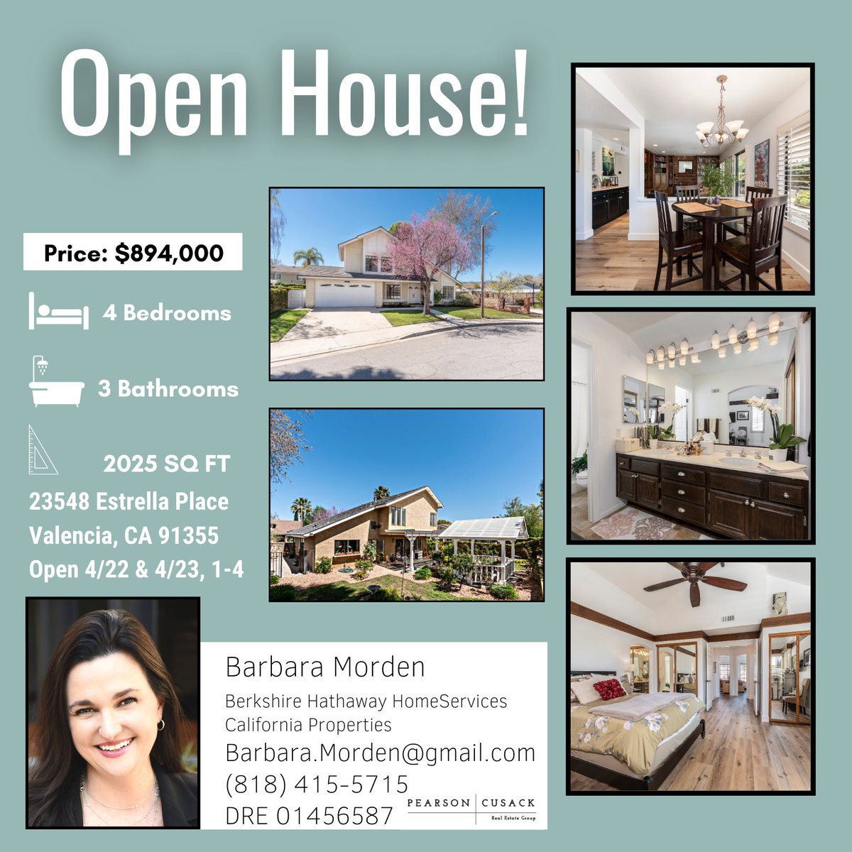New listing alert! ⚡️
4 Bed + 3 Bath | 2025 Sqft

Amazing cul-de-sac location in coveted Granary Square South neighborhood.

 #OpenHouse #JustListed #ValenciaRealEstate 

Barbara Morden DRE 01456587
Jamie Pearson DRE 00817566
Berkshire Hathaway HomeServices California
Properties