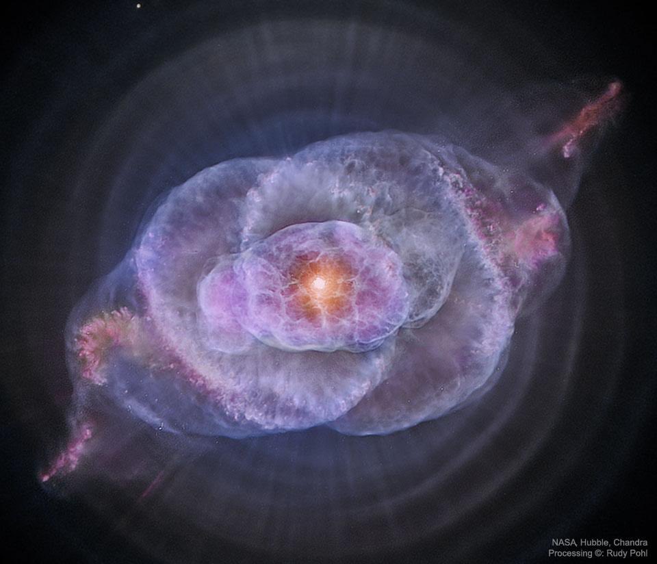 redditSpaceView's tweet photo. The Cat's Eye Nebula in Optical and X-ray captured by Hubble https://t.co/12axNojYse