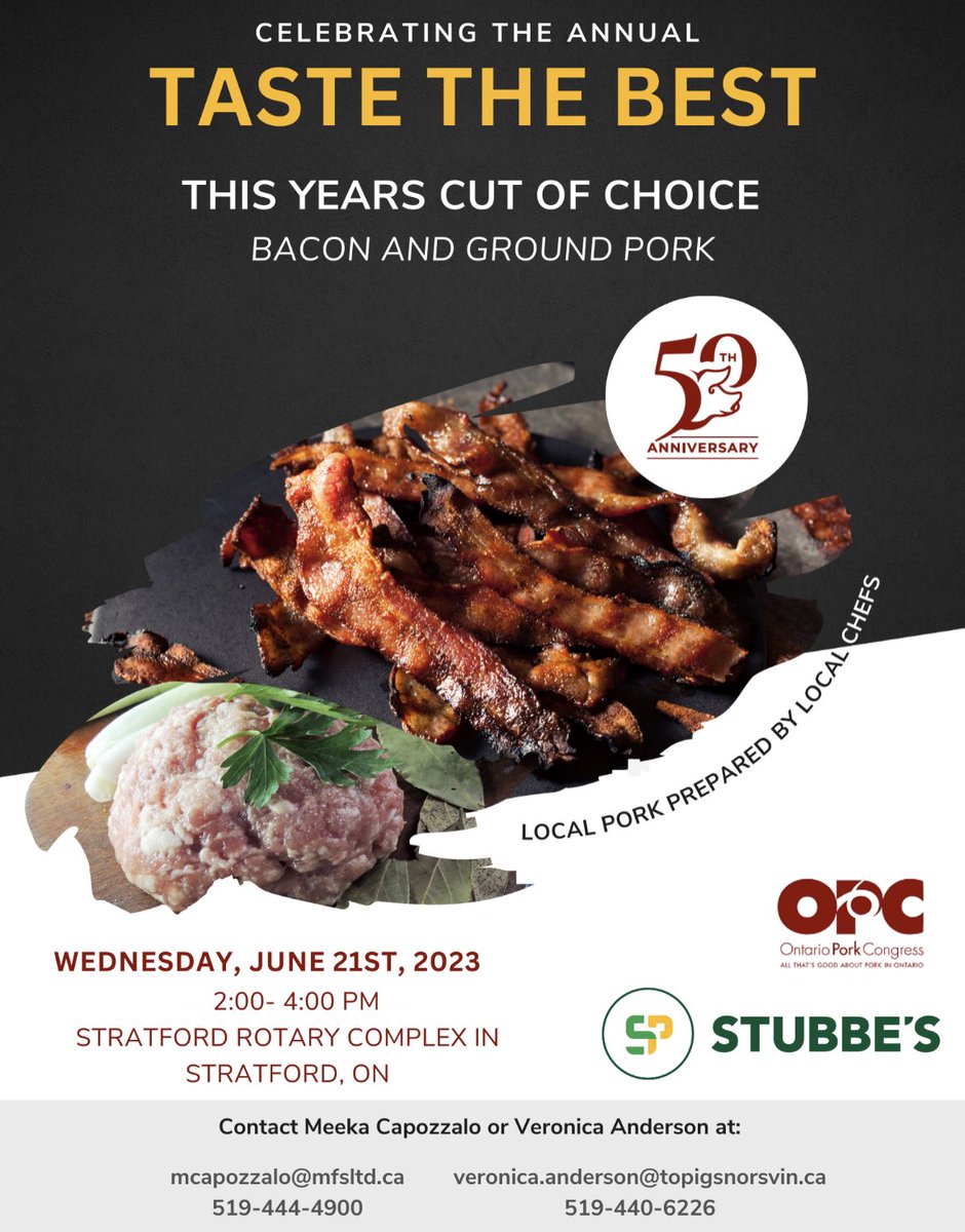 OntPorkCongress's tweet photo. This year’s Taste the Best is shaping up to be a great event!
Showcasing bacon and ground pork, local chefs will be showing off their creations for you to try!
Make sure to stop by - Wed. June 21
#OPC2023 #kindofapigdeal #OPC50th https://t.co/Wn63iDmpLm