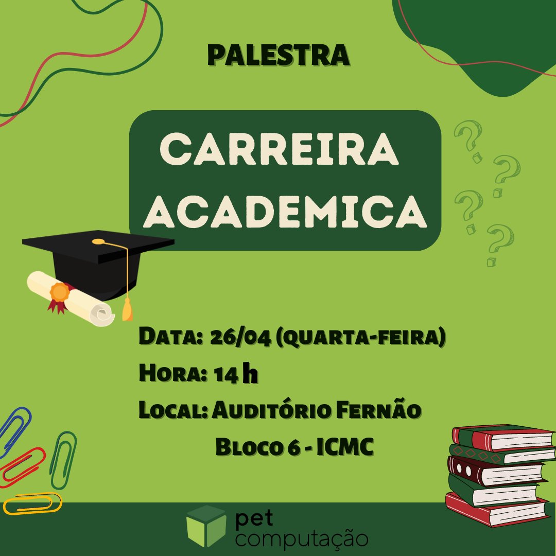 Olá, PETesouros!

O PET Computação organizará uma roda de conversa sobre carreira acadêmica, que contará com a presença de professores e doutorandas da área de computação. ✨️

O bate-papo será no Auditório Fernão às 14h do dia 26/04 (quarta-feira). 📌

Esperamos vocês :)