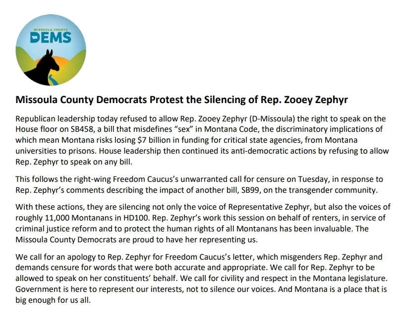 missouladems's tweet photo. Our statement on the shameful behavior of the Montana House leadership today. 
#mtnews #mtleg #mtpol @ZoAndBehold https://t.co/UQiaKW3XXL