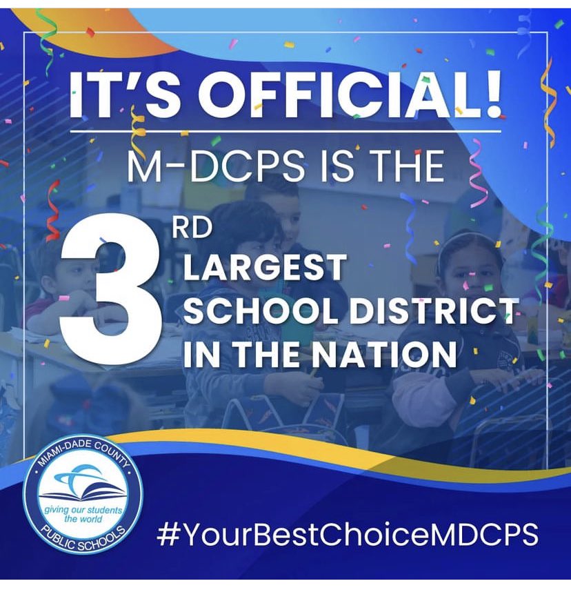 palmtreepics's tweet photo. It’s official! @MDCPS has been named the 3rd largest #school #district in the nation by The National Center for Education Statistics.

Honored &amp; privileged to be part of M-DCPS with the great leadership of @SuptDotres &amp; the best bosses in #Communications, @vspardo &amp; @jackieCalz https://t.co/wucKHglUPp