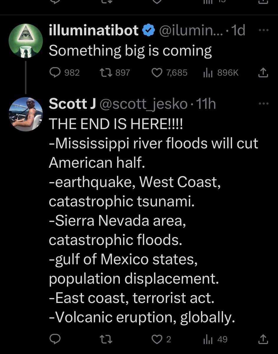 scott_jesko's tweet photo. -WARNING!!! READ!!!

-MY PREDICTIONS ARE COMING TRUE!!
-YOU ARE UNDER ATTACK!
-CATASTROPHIC DEATH!!
-WEATHER WEAPONRY IS REAL!!!
-PLEASE PAY ATTENTION!!
-MISSISSIPPI RIVER DELTA WILL HAVE CAT, FLOODING DISPLACING MILLIONS!!
-PLEASE PREPARE FOR -TOTAL INSTITUTIONAL FAILURE! https://t.co/kNaoH4yLuM
