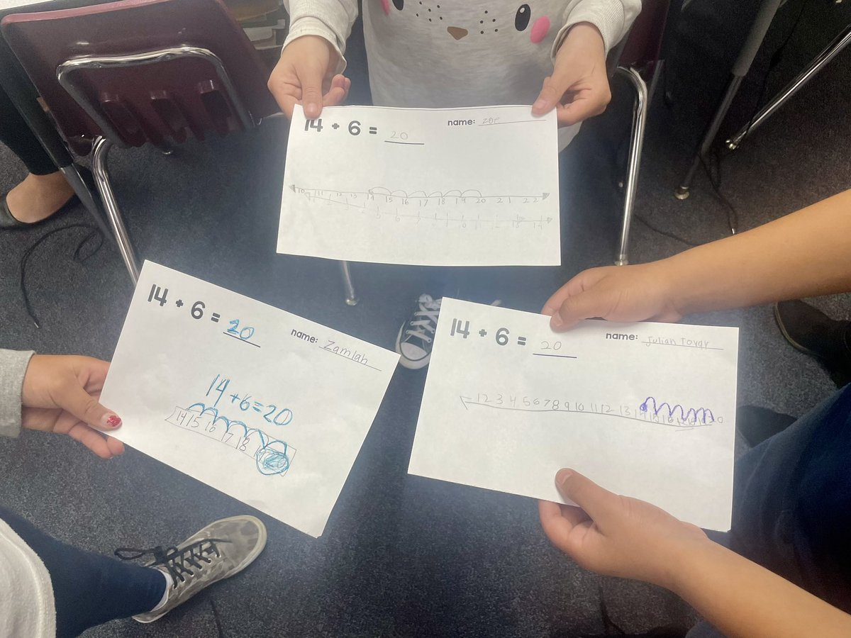 SomerBizzle's tweet photo. Great things happening in first grade this week. Academic conversations about math in using the compare and connect language routine. Students chose which strategy to use, compared with partners, then created posters of their work to see everyone’s strategies. #NSDnow #ITeachMath https://t.co/DODGC42072