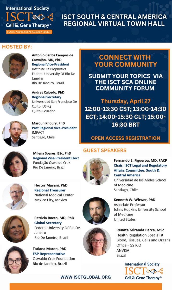 ISCTglobal's tweet photo. The ISCT South &amp; Central America Regional Executive Committee invites you to join your ISCT peers and colleagues for an interactive, member-focused regional town hall meeting.

Register today and join the conversation on April 27th 2023!

https://t.co/uXQXOqhXBC

#ISCTGlobal https://t.co/RP99v6Me1y