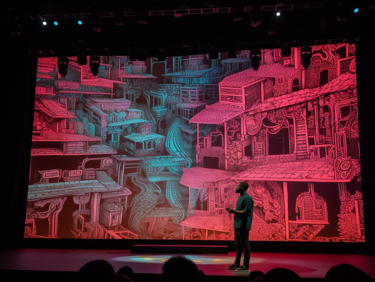 mikiane's tweet photo. AI generated photography of a TED talk about generative AI. #TED23 #TED2023 #session10 #midjourney https://t.co/pR2ZkccvyU