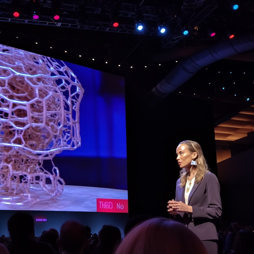 mikiane's tweet photo. AI generated photography of a TED talk about generative AI. #TED23 #TED2023 #session10 #midjourney https://t.co/pR2ZkccvyU