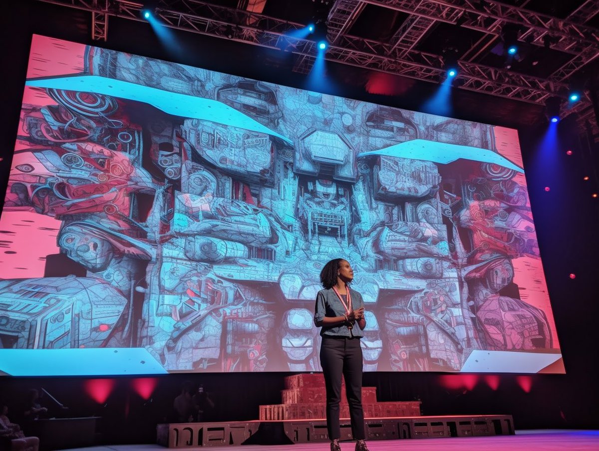 mikiane's tweet photo. AI generated photography of a TED talk about generative AI. #TED23 #TED2023 #session10 #midjourney https://t.co/pR2ZkccvyU