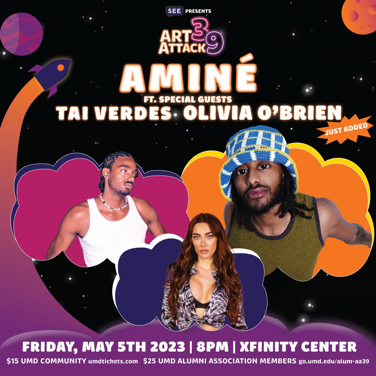 SEE_UMD's tweet photo. SURPRISE! We have one more guest joining us for Art Attack 39! OLIVIA O’BRIEN will be opening the show on Friday, May 5 at 8pm in the Xfinity Center! Tickets are STILL AVAILABLE and can be reserved from https://t.co/oqPSFTboPa. #UniversityOfMaryland #SEEUMD #ThisIsSEE https://t.co/3JcoMA0lYB