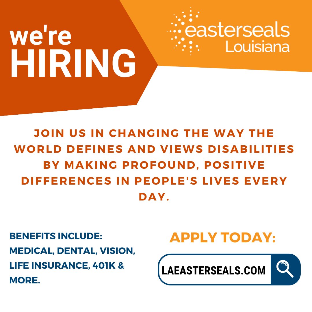 LAEasterSeals's tweet photo. Looking for a career that's rewarding? At Easterseals Louisiana, we're dedicated to improving the lives of people with disabilities. Explore our open positions and apply today https://t.co/VMdce2H47V  #JobPosting #EmploymentOpportunity #NewJob https://t.co/jaN5POCwmV