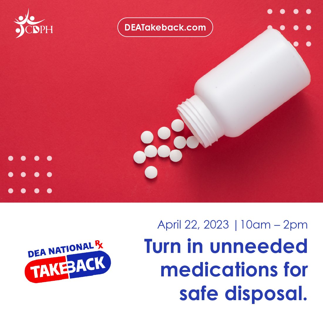 CAPublicHealth's tweet photo. National Prescription Drug Take Back Day is on Saturday, April 22, from 10 am – 2 pm.
Find a collection site near you: https://t.co/Y0hCWQ8zT0
#DrugTakeBackDay #SafeDrugDisposal #EndOverdose https://t.co/Ftiaah4LQc