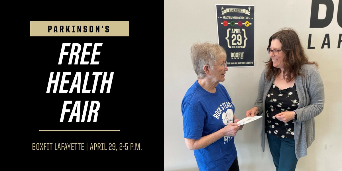 Purdue College of Health and Human Sciences (@purduehhs) on Twitter photo Know someone w/ #Parkinson's? Join us for a free Parkinson's Health Fair, which will include researchers from <a href="/PurdueHHS/">Purdue College of Health and Human Sciences</a>, info about a support group, vendors + health professionals who work w/Parkinson's patients.
📆 4/29
⏰ 2-5 pm ET
📍 BoxFit Lafayette
<a href="/PurdueSLHS/">Purdue Speech, Language, & Hearing Sciences</a> <a href="/PurdueNurses/">Purdue Nursing</a> Know someone w/ #Parkinson's? Join us for a free Parkinson's Health Fair, which will include researchers from <a href="/PurdueHHS/">Purdue College of Health and Human Sciences</a>, info about a support group, vendors + health professionals who work w/Parkinson's patients.
📆 4/29
⏰ 2-5 pm ET
📍 BoxFit Lafayette
<a href="/PurdueSLHS/">Purdue Speech, Language, & Hearing Sciences</a> <a href="/PurdueNurses/">Purdue Nursing</a>