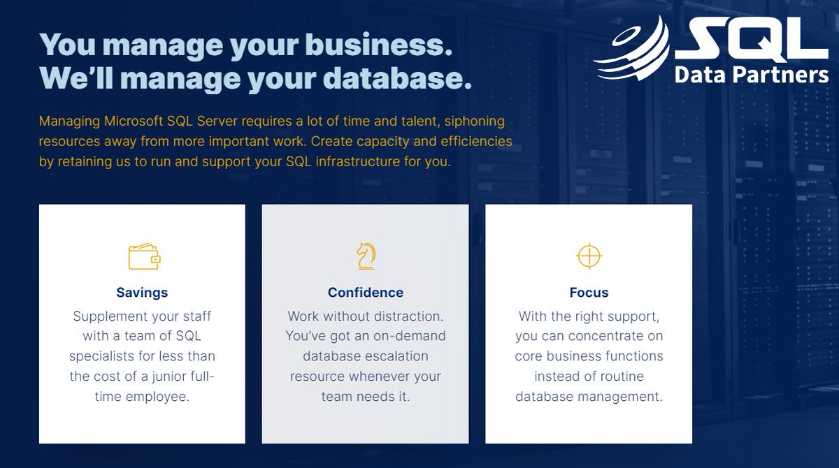 sqldatapartners's tweet image. Managing #Microsoft SQL Server requires a lot of time and talent, siphoning resources away from more important work. Create capacity and efficiencies by retaining us to run and support your infrastructure. bit.ly/41smzAQ
#sqldatapartners #managedservices #sqlserver