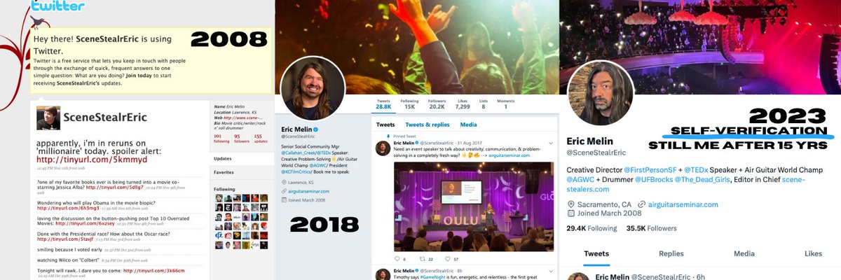 SceneStealrEric's tweet photo. What a shitty 15-yr anniversary, Twitter. Used Wayback Machine to change my cover image. #SelfVerification It's not about paying the $8. The #BlueCheckMark #bluecheck is meaningless now. https://t.co/9w3c9WDzPv