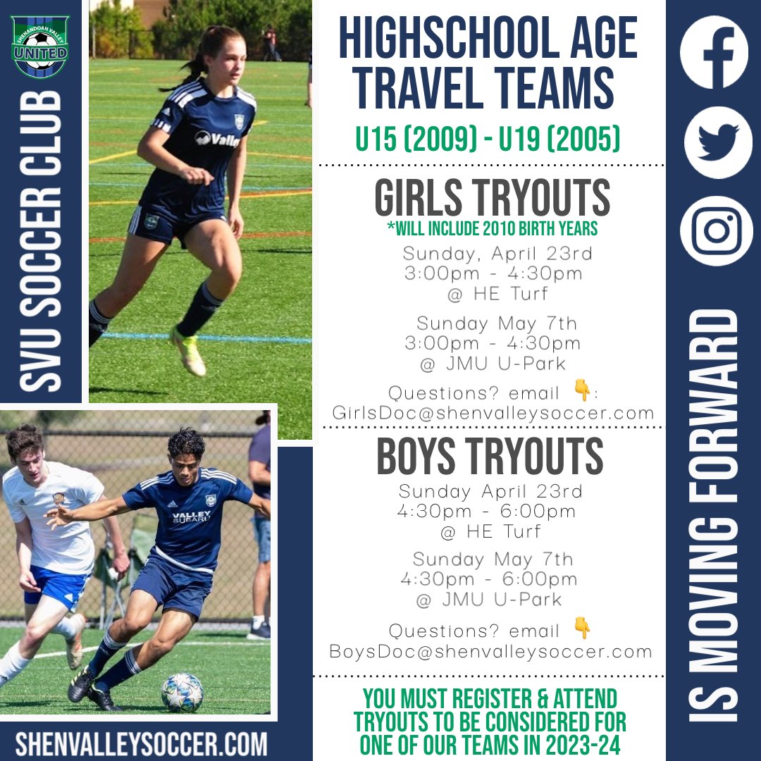 2023-24 HS Age Travel Team Tryouts. Coming up FAST! 
1. Sun April 23rd @ HE Turf
2. Sun May 7th @ HE Turf.

Key Things for Fall:
✅ Turf Fields for ALL Training and Matches.
✅ Strengthened Coaching Slate.
✅ New Additional In-Season Programming.
SVU is moving forward. Join us!