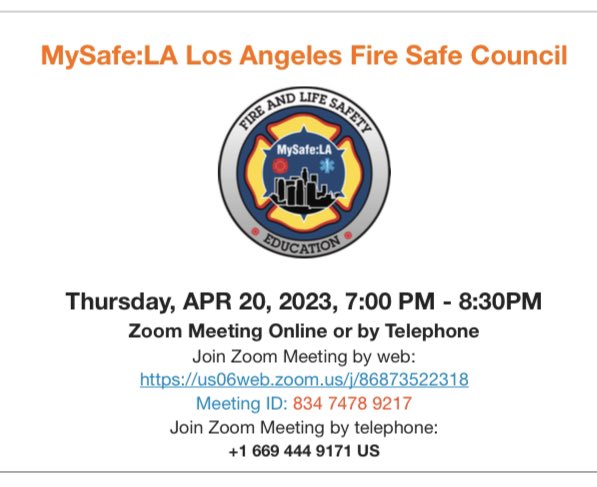 If you’re interested in wildfire preparedness and overall community reailience, come@check out the monthly virtual LA Fire Safe Council…..starts at 7pm every 3rd Thursday of the month….that means tonight!!! See you there! resilience.  Zoom Meeting ID: 834 7478 9