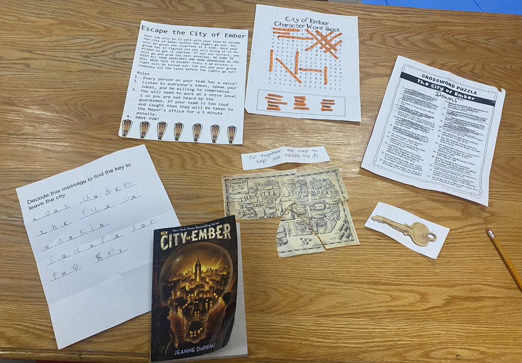 allman_miss's tweet photo. We celebrated our love of reading by having a City of Ember day based off the book by Jeanne Duprau. We had many activities throughout the day which included choosing jobs for the city, watching the movie, an escape room and watching the movie! The kids loved it! #read #school https://t.co/Vme8LlzY8Y