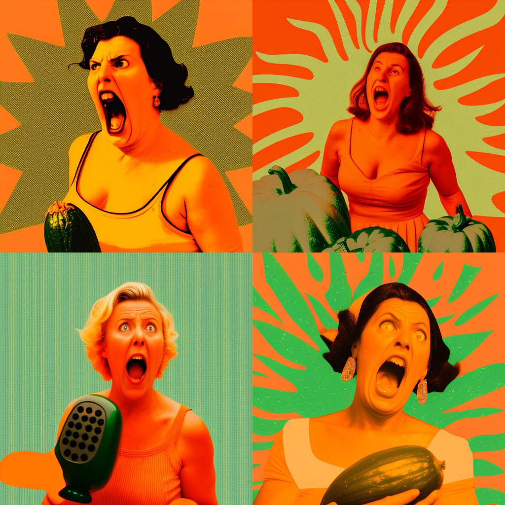 BitLox's tweet photo. @emollick @IMAO_ "orange background with an image of an ugly woman, she is shouting at a zucchini for some reason. styled like a wes anderson film" https://t.co/XuQ3bhi3W0