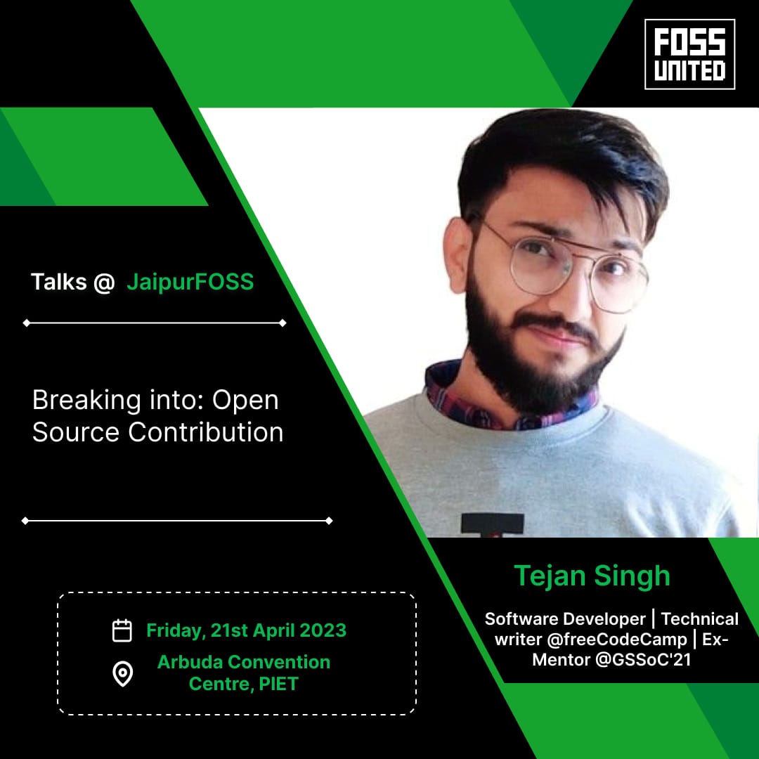 jaipurfoss's tweet photo. See who we are bringing as our speaker guys!
Mr. @TejanSingh , Software Developer and technical writer at FreeCodeCamp.
How amazing it'll be to listen to him and know more about open-source 🤩
Stay tuned!
#JaipurFOSS #rajasthan  #opensource
#technology
@MumbaiFOSS @NagpurFOSS https://t.co/qbI8mxZPPh