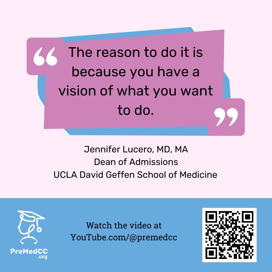 PreMedCC's tweet photo. "The reason to do it is because you have a vision of what you want to do"
Jennifer Lucero, MD, MA
Dean of Admission
UCLA David Geffen School of Medicine
#premed #communitycollege #premedical #premedlife #premedstudent #MCAT #fyp #AMCAS #AAMC #repost
@use.repost @repost https://t.co/m6Xa98eS12