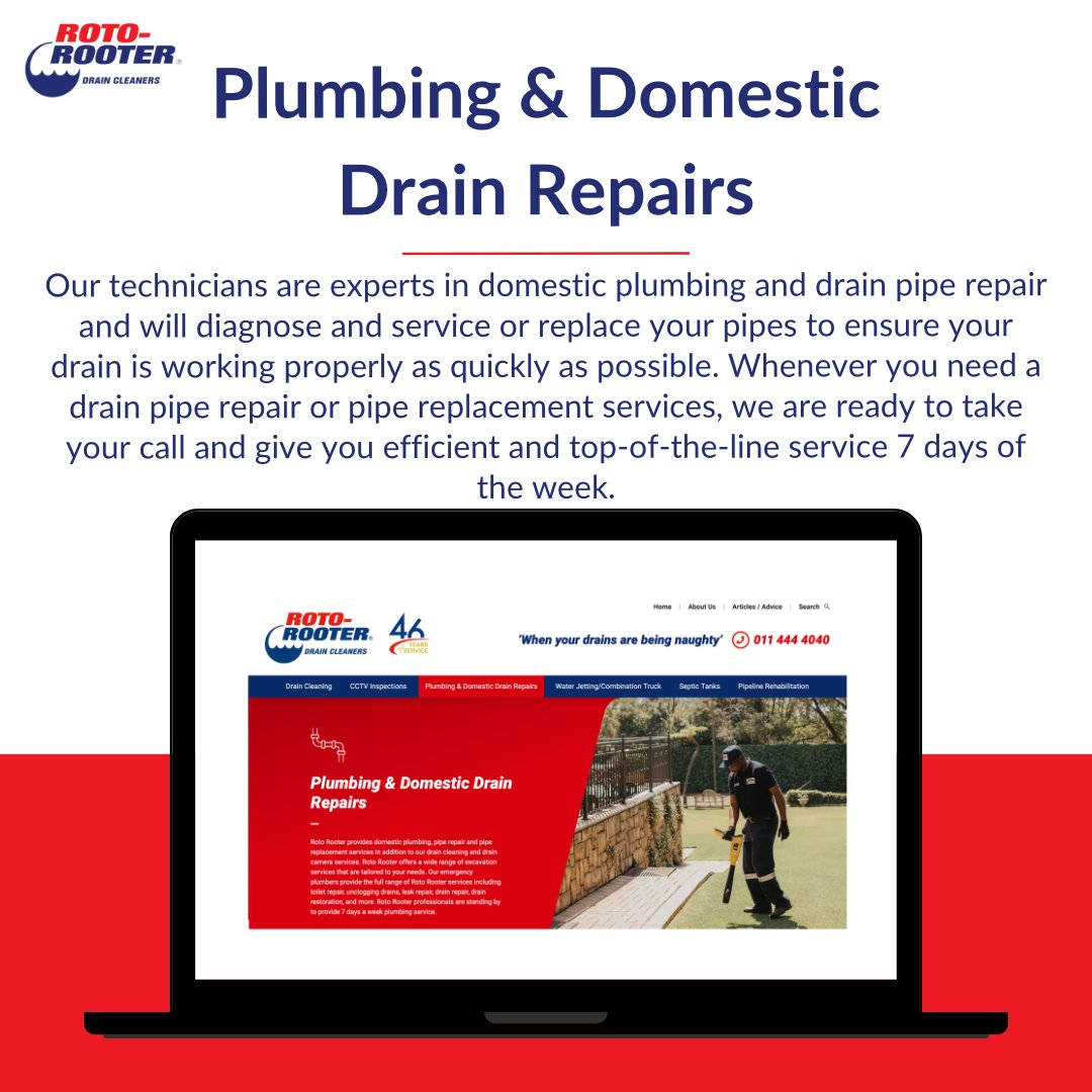 Today's #FeatureFriday shines a spotlight on our exceptional Plumbing & Domestic Drain Repairs services.

Don't let plumbing problems disrupt your day – call Roto Rooter on 011 444 4040 for fast, reliable service! 📞👨‍🔧 

#PlumbingProblems #DrainRepairs