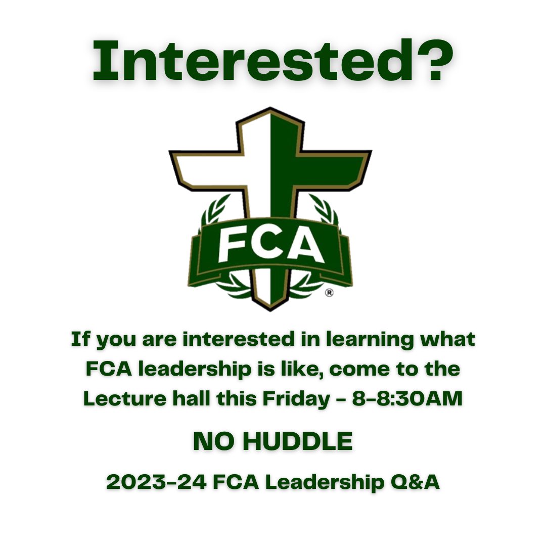 rbhsfca's tweet photo. FCA leadership Q&amp;A this Friday instead of our weekly Huddle. Interested? Curious? Stop by the Lecture Hall 8-8:30 Friday AM. @Gator_Athletics @RBHSGators https://t.co/0amzDFBXaY