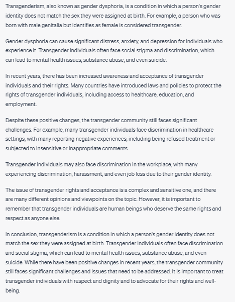 YourAnonNews's tweet photo. Don't know what to write? AI can help you.
Ask ChatGPT To write you a blog post about transgenderism.
It totally will.  Fill up as much room as you can.
ChatGPT Link: https://t.co/1TXITLJUrI https://t.co/2EyEtZmrYt