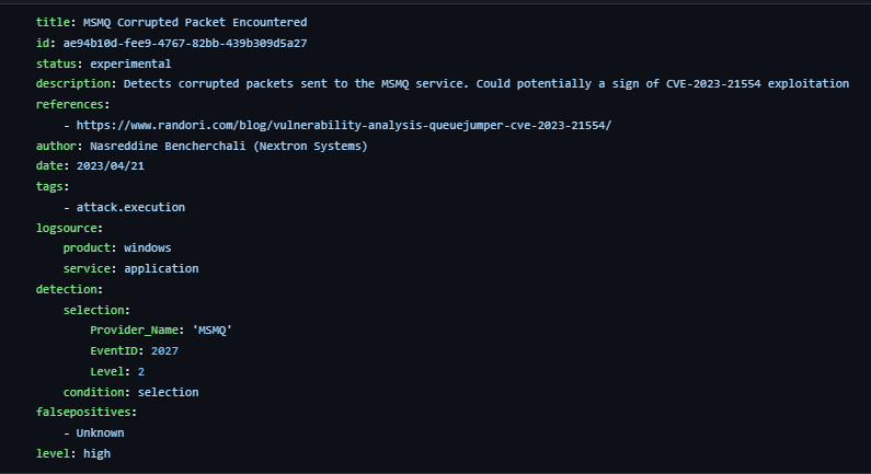 nas_bench's tweet photo. Thanks for the writeup. I quickly transformed the events mentioned into SIGMA rules and thrown one for child processes just for good measure.
One thing to note the service name in EID 7034 are display name. So can change with lang settings.
#queuejumper #cve_2023_21554 https://t.co/mk88DrvdvC