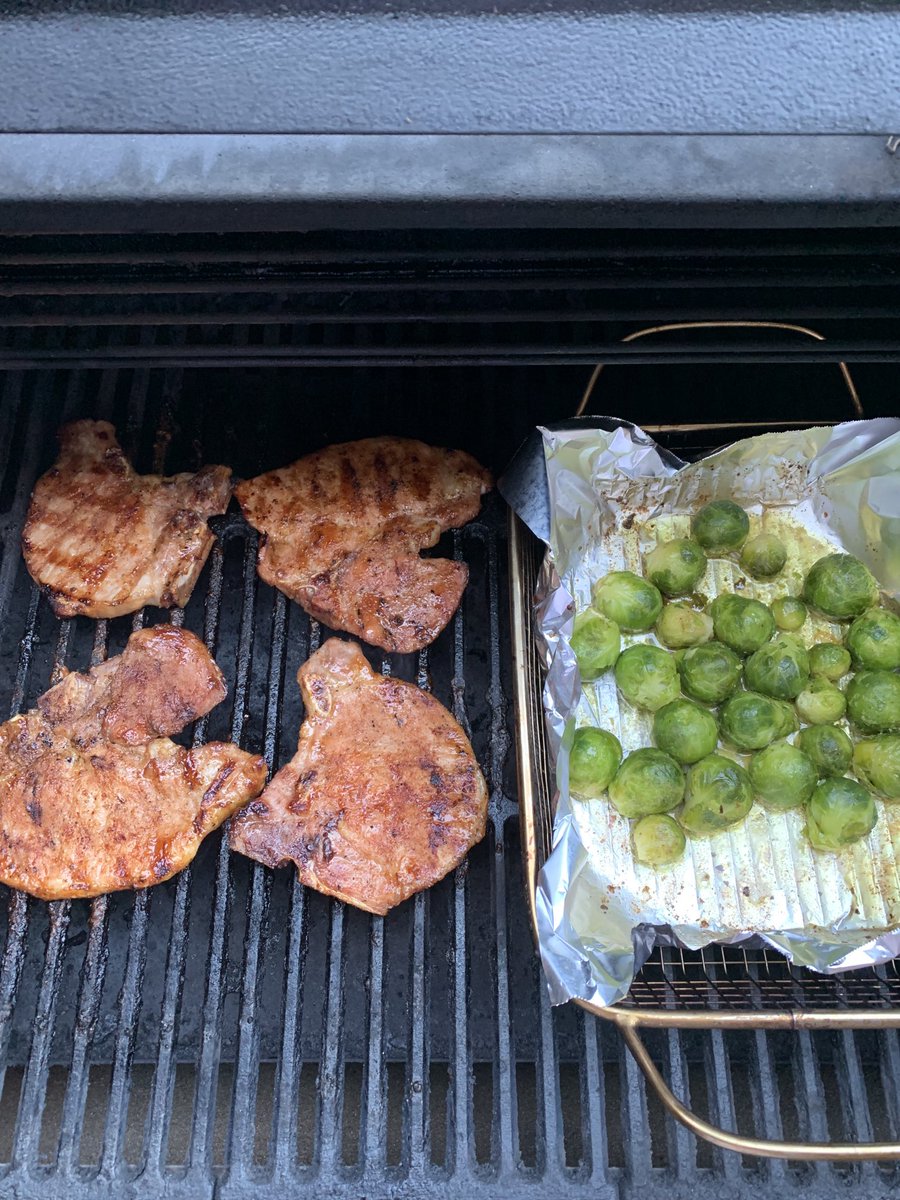 Pork chops and sprouts.  #pelletgrilling
