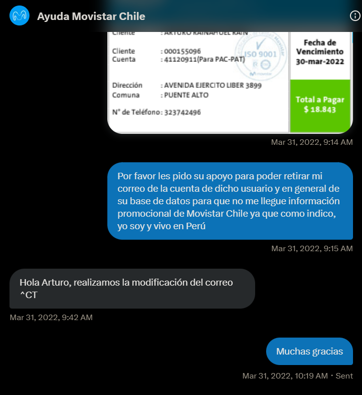 arturox85's tweet photo. @MovistarChile cuando van a dejar de enviarme correos que le pertenecen a otra persona?, les escribí el año pasado y me dijeron que lo arreglarían pero aun sigo recibiendo dicha información. Ni siquiera soy ni vivo en Chile. https://t.co/bQWQlHtEMq