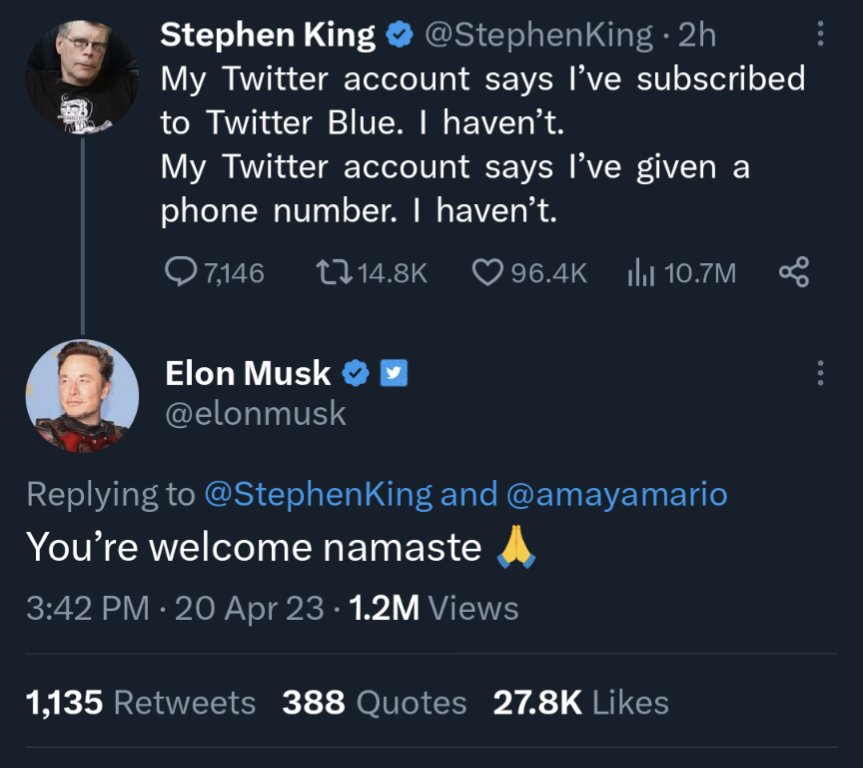 Staroxvia's tweet photo. >stephen king won't buy your service
>try negotiating him down to $8
>he still won't buy it
>buy it for him

art of the deal https://t.co/7oDRmR4aZE