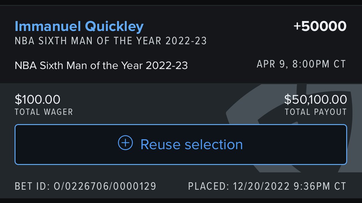 Pickswise's tweet photo. Immanuel Quickley closed at -330 to win Sixth Man of the Year

Brogdon (+1400 preseason) takes it home to bust what would have been a legendary ticket 😪

(via @TommyB | @FDSportsbook) https://t.co/NlgbxOpmRe