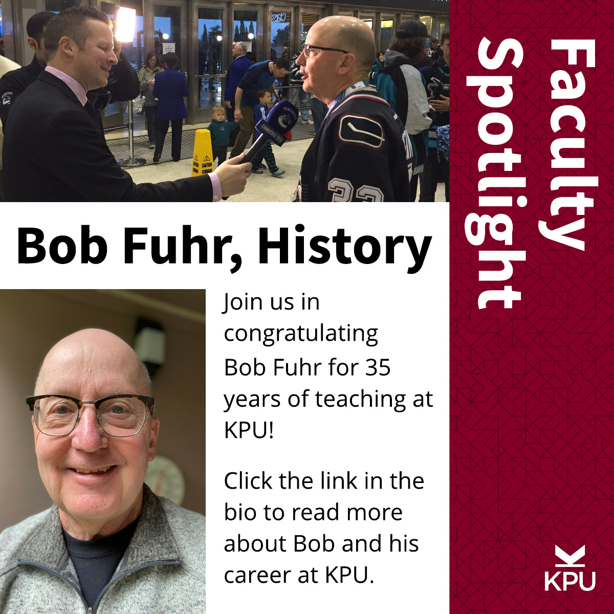 Faculty Spotlight - Bob Fuhr, History
Join us in congratulating Bob Fuhr for 35 years of teaching at KPU! Click the link in the bio to read more about Bob and his career at KPU. 
<a href="/kwantlenu/">KwantlenU</a> <a href="/kpuhistory/">KPU History 🐀</a>