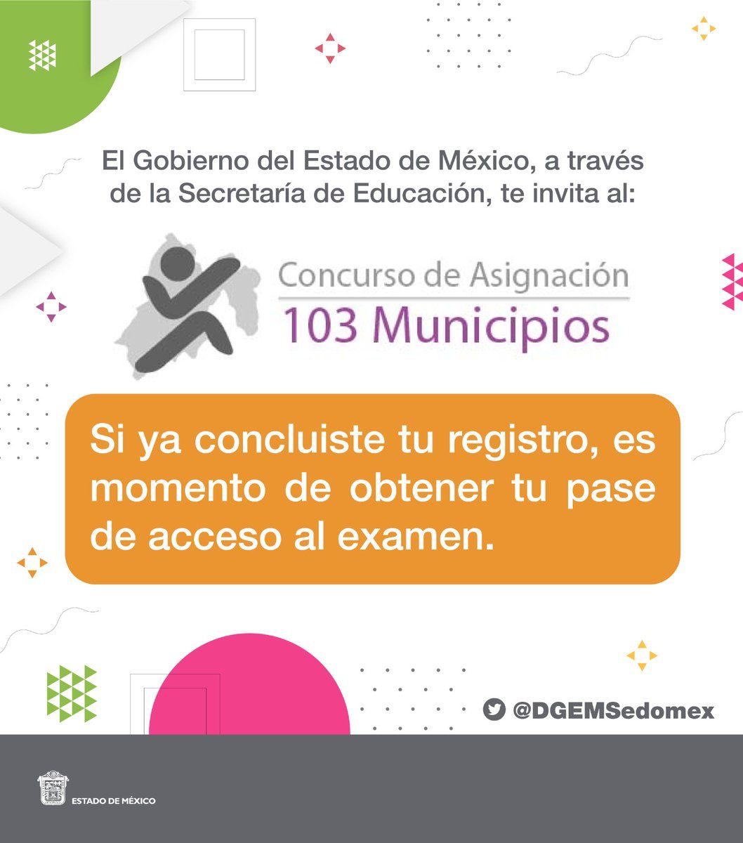 DBT_Edomex's tweet photo. ¡Que no se te pase! 
Mañana es el ÚLTIMO día para obtener tu pase de acceso al examen de los #103MunicipiosEdoméx! Acude a tu plantel elegido como 1.ª opción educativa.
Consulta los requisitos y más información en el siguiente link 👉🏻 https://t.co/la04Nw5D5u
@DGEMSedomex https://t.co/VsysikWolL