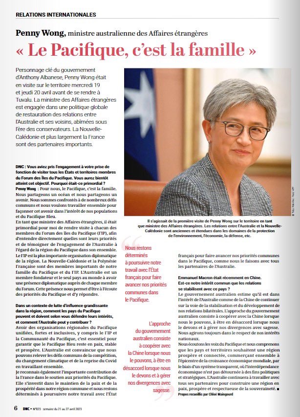 AusCGNoumea's tweet photo. Merci à @DemainDNC  pour cette interview de notre ministre @SenatorWong mettant en avant la relation entre l’Australie et les reste de la famille du Pacifique https://t.co/1aZhco9kp7 https://t.co/JgPDUVSJ8C