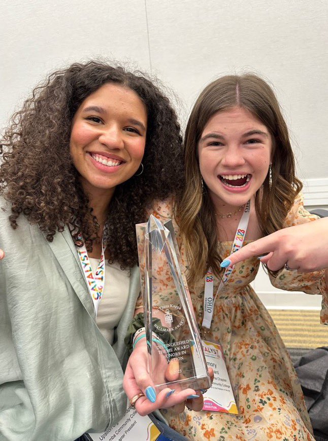 Upsilon Sigma President Lexi Tabbs and Regional Reporter Emory Reinhard sporting some new trophy for <a href="/ItawambaCC/">Itawamba CC</a>! We won an international <a href="/PHITHETAKAPPA/">Phi Theta Kappa Honor Society</a> award for HiA Theme 6! #TheBestStartHere #IAmPTK #PTKCatalyst #PTK