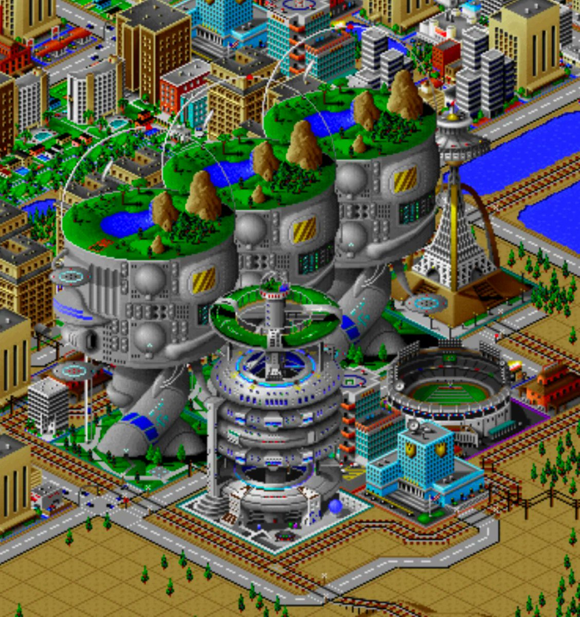 SimCityLimits's tweet photo. The arcology "cities within a city" district has it all: enhanced city services, mass transit, one of the largest stadiums in SimNation and the newly completed Llama Dome, leaving many residents to wonder if they ever really need to leave... https://t.co/8BreFl915t
