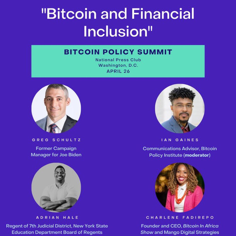 I’m thrilled to join <a href="/schultzohio/">Greg Schultz</a>, <a href="/NatureofG/">Gaines✨🗽</a>, <a href="/AdrianHaleROC/">Adrian Hale</a>, for an  important conversation about #Bitcoin &amp; Financial Inclusion. 

I hope to see you at the <a href="/bitcoinpolicy/"></a>’s #Bitcoin Policy Summit in Washington, D.C next week! 

Sponsored by <a href="/FoundryServices/">Foundry</a>