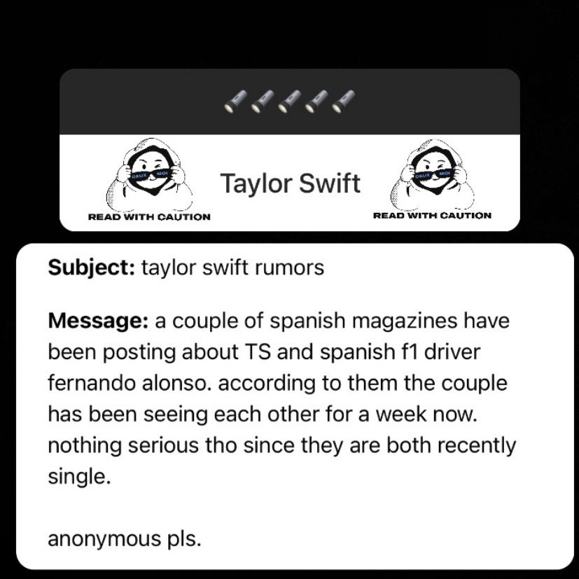 beepopofc's tweet photo. SÓ ACREDITAMOS VENDO!

RUMOR: DeuxMoi recebeu a informação de que tabloides espanhóis estão falando sobre um possível romance entre Taylor Swift e o piloto espanhol de F1, Fernando Alonso. https://t.co/8QpTXUsmQm