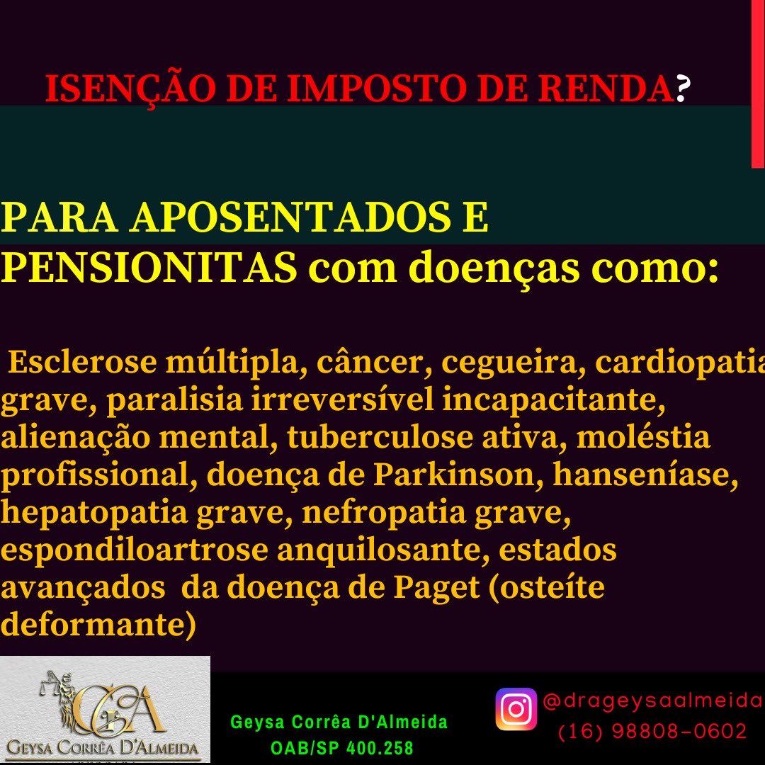 CorreaGeysa's tweet photo. Você tem esse direito mesmo que a aposentadoria não tenha sido motivada por essa doença, inclusive mesmo que ela tenha sido contraída após a aposentadoria, reserva ou reforma!!!!
No caso de Neoplastia Maligna (câncer) tem direito mesmo na fase de remissão!!! https://t.co/E3eaFIiU0n